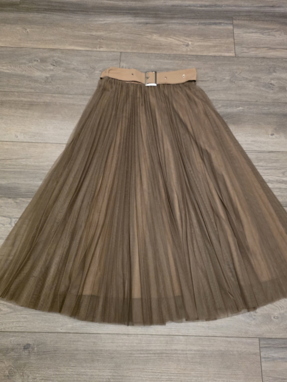 Vintage Brown Pleated Tulle Mesh Overlay Maxi Skirt with Belt - Size XS